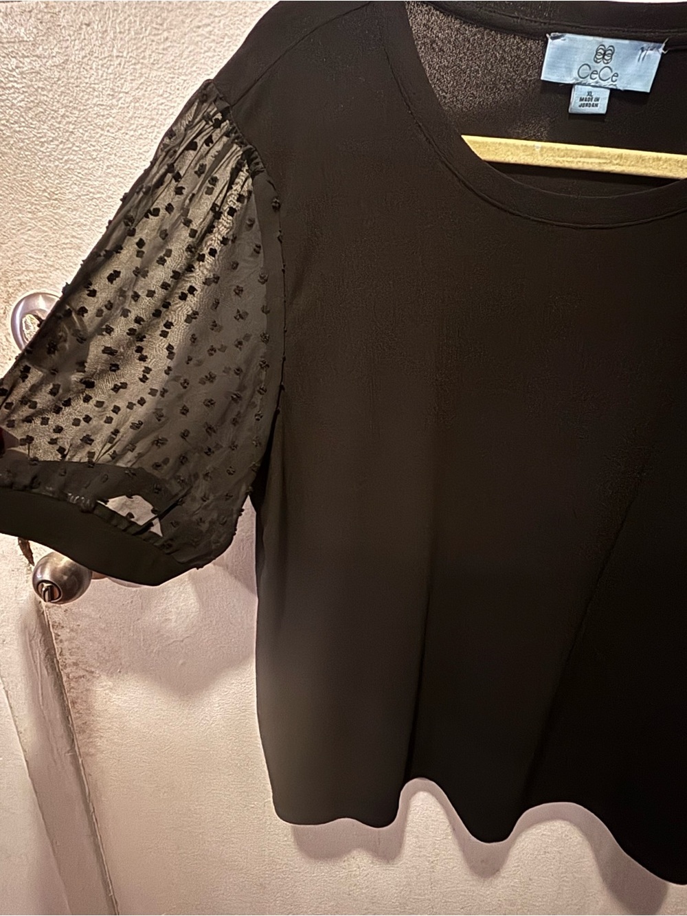CeCe Black Short-Sleeve Top with Sheer Dot Puff Sleeves - Picture 2 of 4